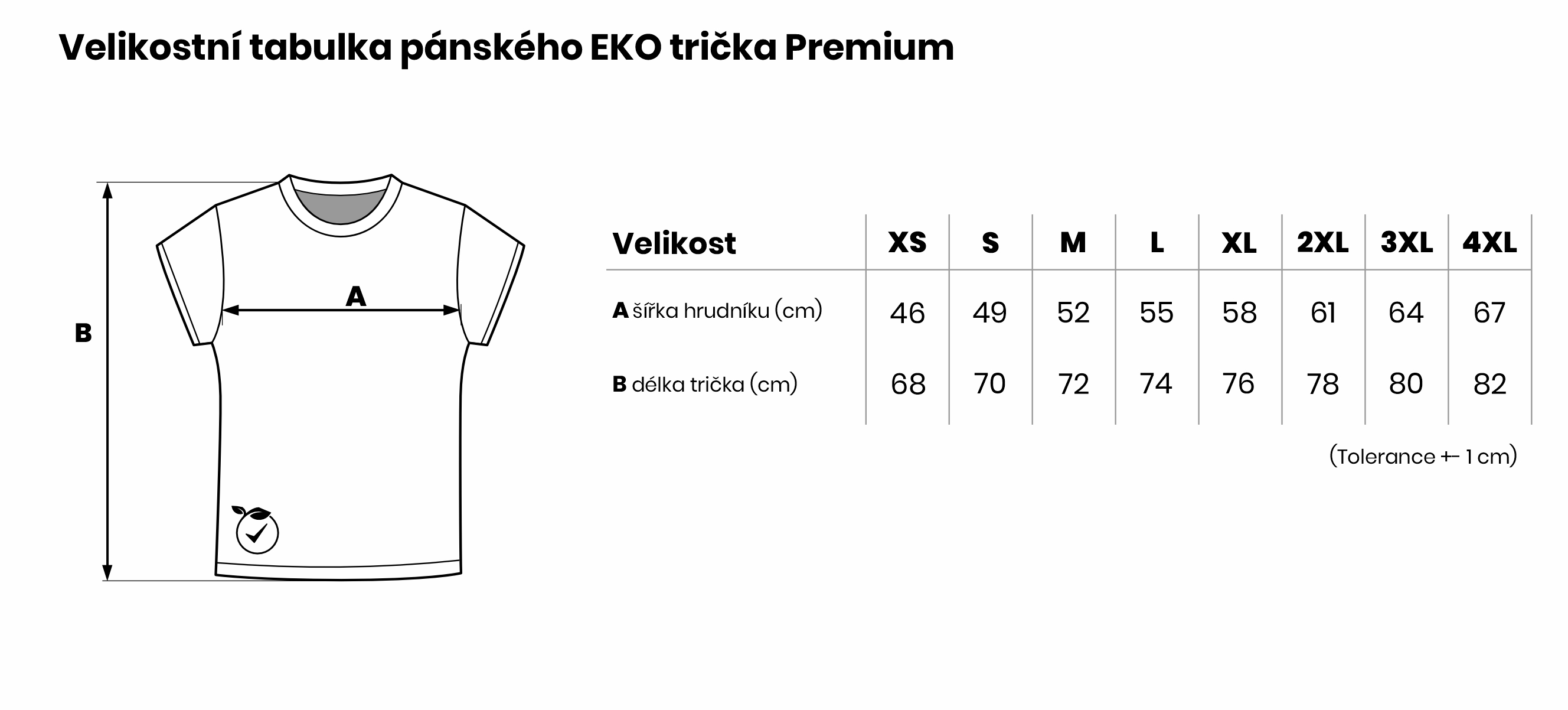 Velikostní tabulka pánského EKO trička Premium